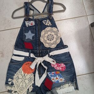 Free People Blue and Red Overalls with Embroidery